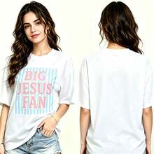 Women's Oversized T-Shirt With Large Jesus Fan Print, Soft, Loose-Fit, Round Neck, And Short Sleeves. Casual Wear - 白色 - 查看 1