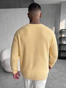 Men's Autumn/Winter Basic Solid Color Casual Fitted Lightweight Sheer Polyester Pique Texture Niche Design Long Sleeve Drop Shoulder Crew Neck Pullover Sweater - Pale Yellow - View 5