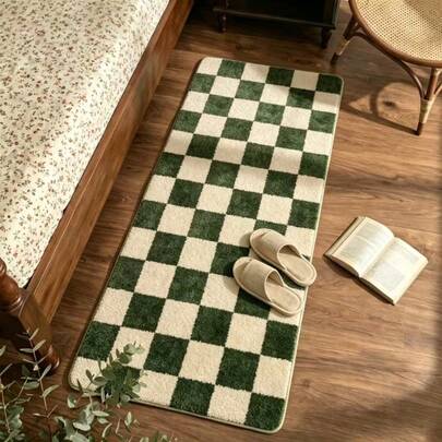 1pc Vintage Green & White Checkerboard Long Runner Rug, Washable & Easy To Clean, Suitable For Living Room, Bedroom, Kitchen, Study, Entryway, Laundry Room, Home Decor Gift Rug; Living Room Rug, Rug, Living Room Area Rug, Area Small Rug, Mat, Home Decor, Large Living Room Rug, Living Room Home Decor, Room Decor, Washable Rug, Gift For Family & Friends, Graduation Gift