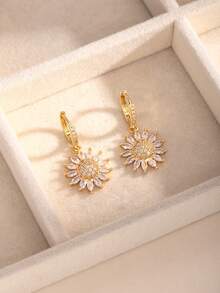 Multi-Style Sunflower Zirconia Ear Drops, Shiny Sunflower Ear Clips, Niche Luxury Floral Earrings For Women's Daily Wear Accessories - Sunflower Hoop Earrings - View 12