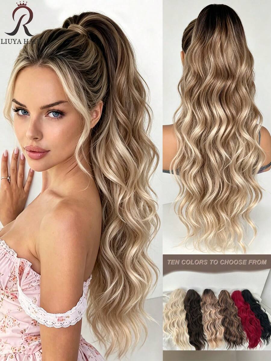 Dark Brown & Black Claw Ponytail Hair Extensions, Light Brown Base Color, 24 Inch Water Wave Heat Resistant Synthetic Fiber Ponytail Wig, Suitable For Women's Daily Use Short Hair Accessory