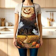 1pc Halloween Pumpkin Full Moon & Ghost Print Apron, Featuring Smiling Pumpkin Moon, Ghost & Cozy Cabin, Cornfield Pattern, Durable Cooking Apron Suitable For Bakers, Cake Decorators, Party Planners, Painters, Nail Artists - Personalized Gift For Home & Professional Chefs - Multicolor - View 6