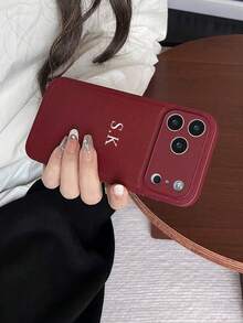 Customized Luxury Litchi Texture Faux Leather Phone Case, Personalized Letter Name, Full Camera Protection Anti-Fall Anti-Fingerprint Phone Case, Korean Minimalist Retro Couple Phone Case - Pink - View 8