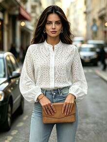 Women's Floral Embroidered Semi-Sheer Collared Top, Long Sleeve Front-Button Polyester Blouse, Perfect For Bohemian-Style Fall Outfits - White - View 7
