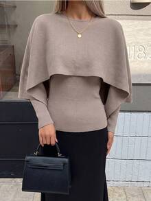 Women's Ribbed Knit Batwing Sleeve Sweater, Elegant Autumn Pullover, Mid-Stretch Long Sleeve Regular Fit Top - Dusty Purple - View 1