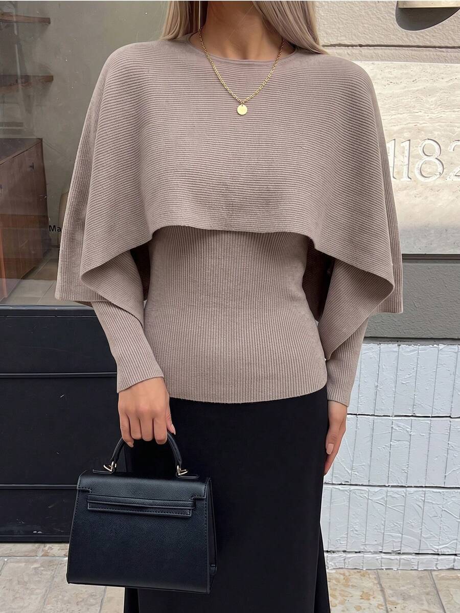 Women's Ribbed Knit Batwing Sleeve Sweater, Elegant Autumn Pullover, Mid-Stretch Long Sleeve Regular Fit Top - Dusty Purple - View 1