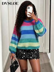 DVSLOE Women Casual Rainbow Stripe Fall Winter Sweater, Round Neck Lantern Long Sleeve Loose Knit Pullover For Daily, Dating, Going Out - Multicolor - View 5