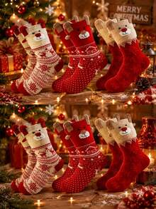 1/3/6 Pairs Of Women's Socks - Multi-Color Cartoon Reindeer 3D Design Fleece Polka Dot Texture Contrast Christmas Soft And Comfortable Mid-Calf Casual Socks For All Seasons - Multicolor - View 1