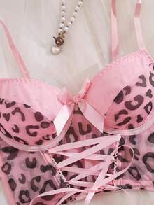 Women's Leopard Print Bow Decor Sexy Everyday Spaghetti Strap Bra - Pink - View 3