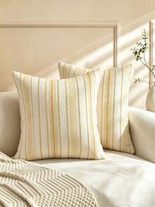 1pc Woven Wide Striped Decorative Throw Pillow Cover, Suitable For Home Decor,Fall Decor,Autumn Decor,Room Decor - Yellow - View 1