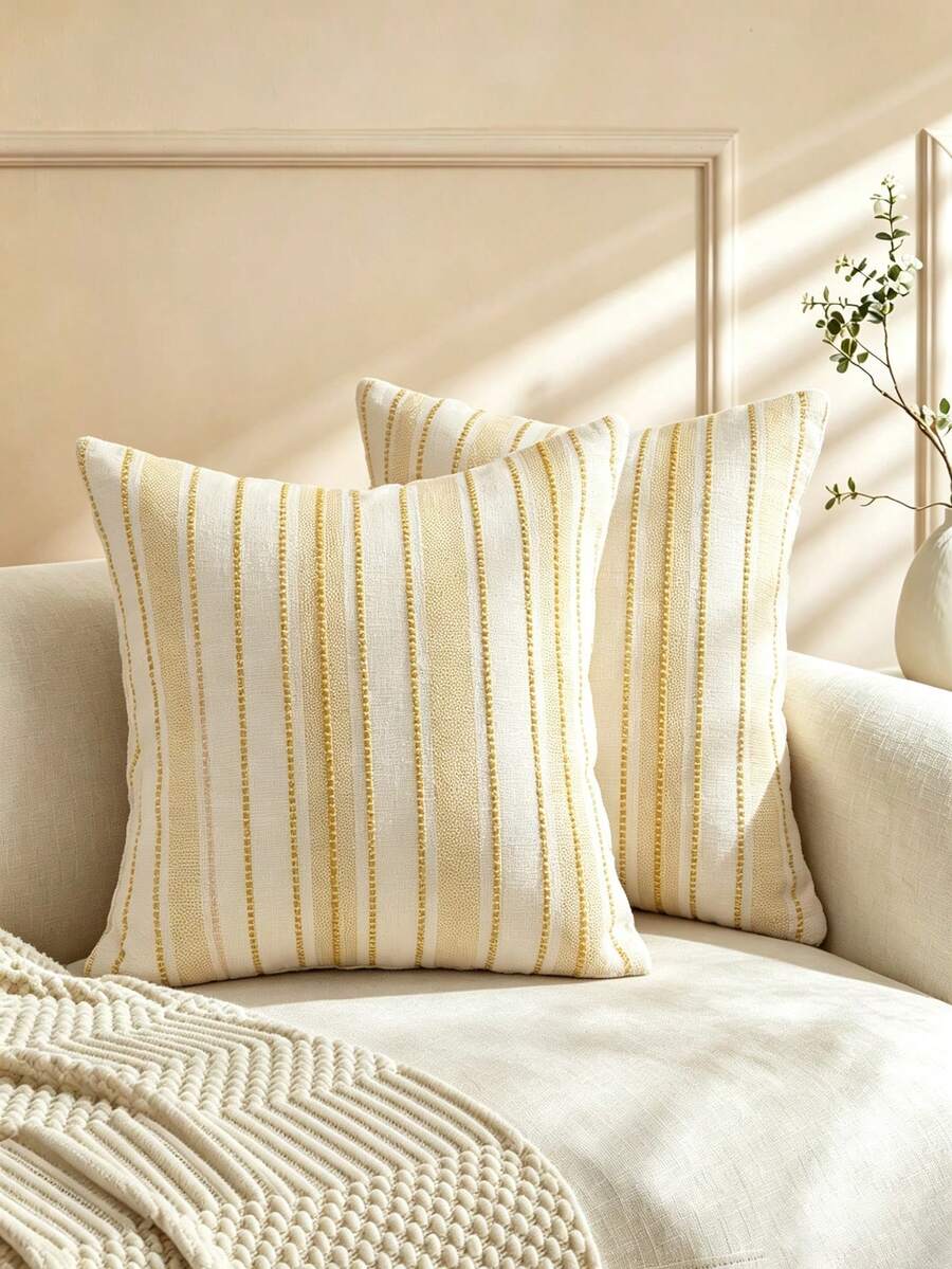 1pc Woven Wide Striped Decorative Throw Pillow Cover, Suitable For Home Decor,Fall Decor,Autumn Decor,Room Decor - Yellow - View 1