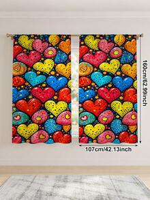 2Pcs Colorful Contrast Polka Dot Heart Print Curtains, Vibrant Artistic Heart Pattern, Living Room Bedroom Home Decor Hanging Curtains - Multicolor - View 12