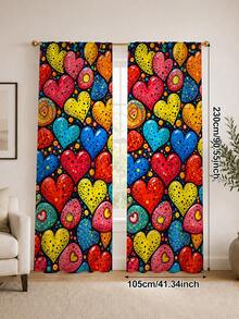 2Pcs Colorful Contrast Polka Dot Heart Print Curtains, Vibrant Artistic Heart Pattern, Living Room Bedroom Home Decor Hanging Curtains - Multicolor - View 10