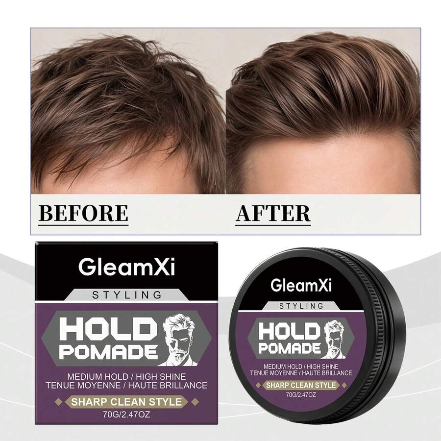 Men's Medium Hold High Shine Hair Wax Pomade For Slick Vintage Slick Back Hairstyle, Daily Styling And Grooming, Easy To Wash, 70g