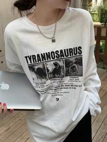 Women's Round Neck Long Sleeve T-Shirt, Spring/Autumn New Dinosaur Pattern & Letter Print, Fashion Casual Versatile Loose Top - White - View 1