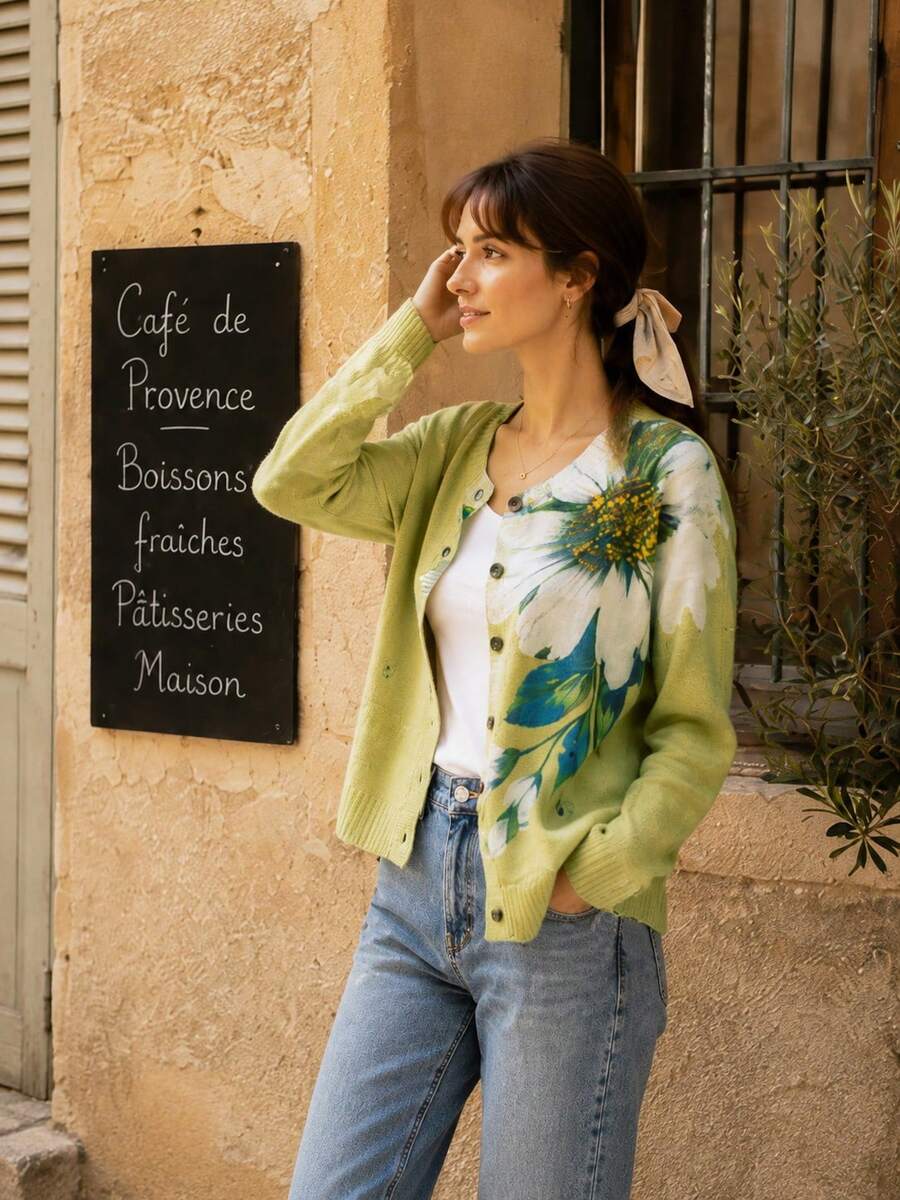 3D Floral Print Cardigan - Flower Pattern, Button Front Design, Lightweight Sweater Fall Vacation - Green - View 1