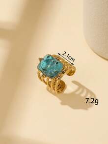 1/4pcs Set 304 Stainless Steel Inlaid Vintage Green Turquoise Crushed Stone, Pale Purple Crushed Stone, Turquoise Green Crushed Stone Open Rings, Adjustable Size, Available In Multiple Colors, Can Be Purchased Individually Or As A Set, Hollow Multi-Layer Gold Rim Heart Wide Oval Stackable Rings - Yellow Gold - View 8