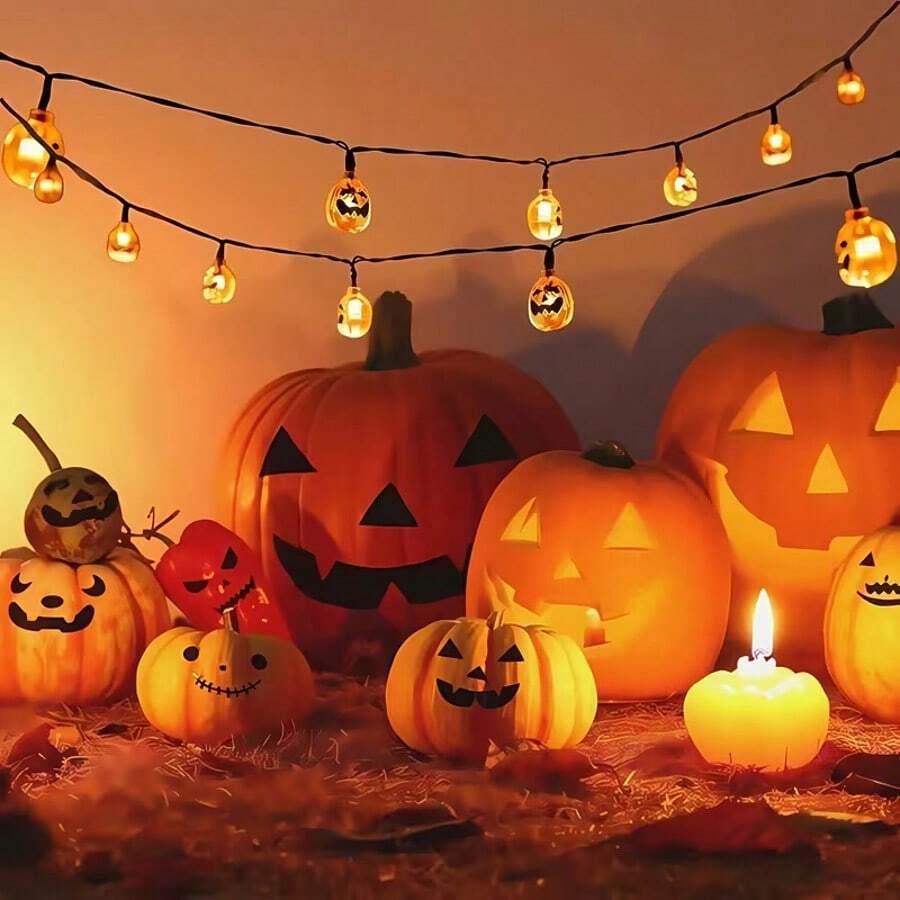 1pc 6m 40 LED Pumpkin String Lights, Battery Powered, 8 Lighting Modes, Halloween Atmosphere Decoration For Home Bedroom Party Fireplace Handle Balcony Yard Door - Warm White - View 1