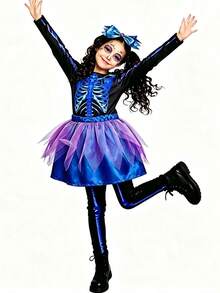 2pcs/Set Cute Skeleton Long Sleeve Jumpsuit & Skirt Set For Young Girl, Halloween Costume, Cosplay Outfit, Role Play - Multicolor - View 3