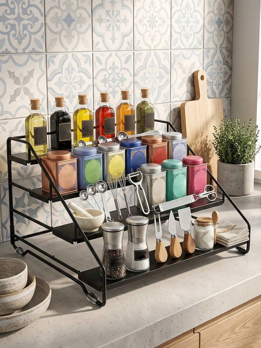 4-Tier Spice Rack Organizer, Ideal For Storing Sauce Bottles, Spice Tins, Measuring Spoons, Knives And Other Small Kitchen Supplies. Modern Kitchen Storage Rack, Metal Organizer Rack For Kitchen, Barthroom, Countertop. - Multicolor - View 1