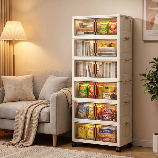 Armário Organizador Multiuso Dobrável 6 Andares Largura 49cm Cor Branco Creme,Portas Semitransparentes Fumê, Travas Laterais Empilháveis,Rodinhas Giratórias 360° com Sistema de Trava, Armazenamento à Prova de Poeira, Ideal para Roupas, Cosméticos, Brinquedos, Utensílios Domésticos, Livros, Quarto, Cozinha e Sala