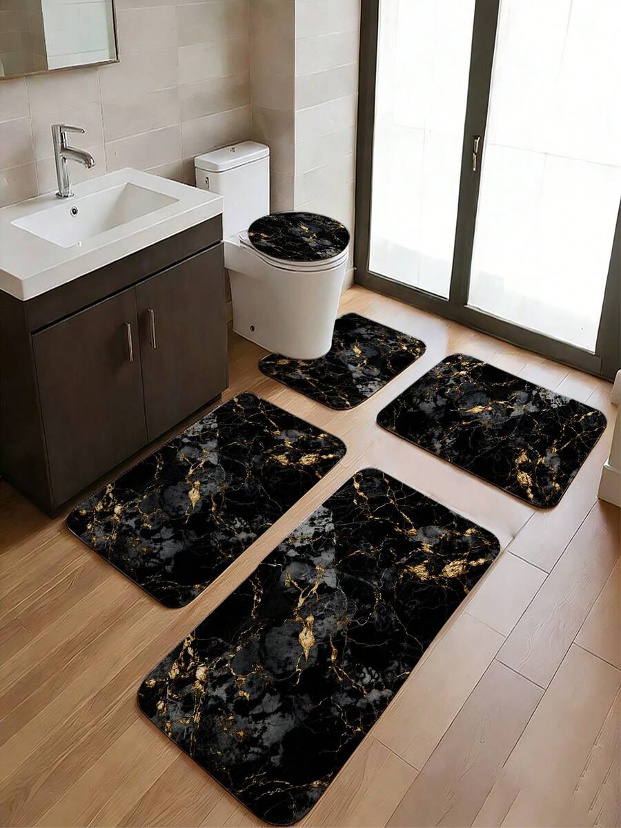 3/5pcs Black & Gold Marble Pattern Modern Luxury Bathroom Rug Set, Soft Absorbent Non-Slip Wear-Resistant Bathroom Accessories, Flannel + Sponge + Polyester Fabric Quick-Dry Carpet, Machine Washable Easy To Clean, Includes Toilet Lid Cover, U-Shaped Toilet Mat And 3 Rectangular Non-Slip Rugs, Lightweight Quick-Dry Bathroom Rug Set, Suitable For Bathroom, Toilet, Laundry Room And Housewarming Gift, Halloween Gift, Autumn Gift - Black - View 1