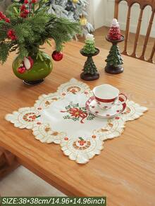 1pc Christmas Candle And Poinsettia Embroidered Table Runner, Hollow Carved Design, Vintage Christmas Table Decor, Suitable For Dinner Party, Family Gathering, Home Holiday Decoration - Beige - View 13