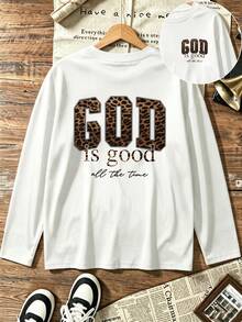 Plus Size Women's Leopard "God Is Good All The Time" Letter Graphic Long Sleeve Tee, Moderate Stretch Crewneck Loose Casual Fall Top - White - View 2