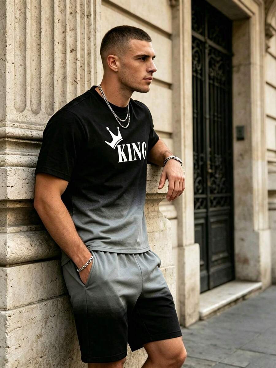 2pcs/Set Men's Black & Green Gradient Design Round Neck Short Sleeve T-Shirt + "KING" Printed Shorts, Casual Fashion Outfit - Multicolor - View 1