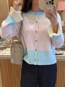 Women's Spring/Summer Fashion Elegant Casual Everyday Urban Minimalist Colorblock Pastel Striped Basic Single-Button Design Round Neck Loose Drop Shoulder Bell Sleeve Knit Cardigan - Multicolor - View 5