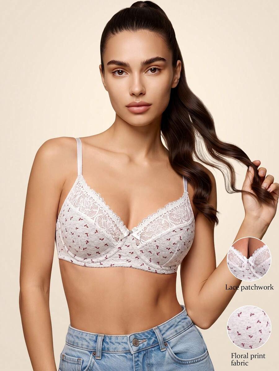 Bra Wanita Motif Bunga, Patchwork Renda, Berkawat, Anti-Kendur, Nyaman - Grey - View 1