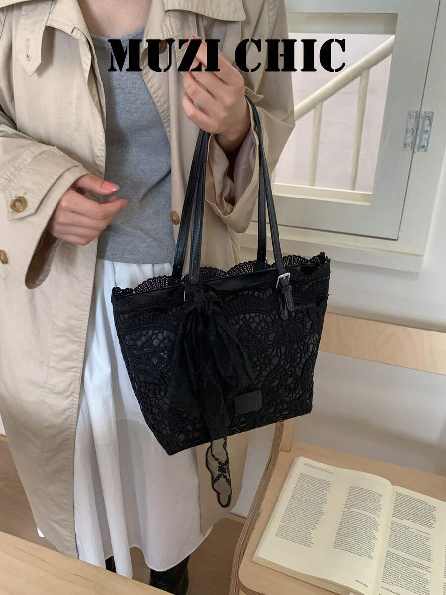 Lace Pattern Decorated Shoulder Tote Bag, Large Capacity Multi-Item Storage, Open Closure, Gentle Atmosphere Tote Bag Suitable For Commuting, Work, School, Shopping, Short Trips, Daily Outings - Black - View 1