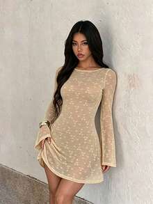 Autumn Solid Color Textured Fabric Backless Dress, Elegant Dress For Party And Date - Khaki - View 5