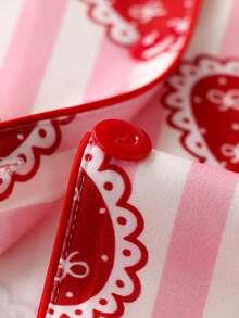 Setelan Piyama Wanita Motif Garis-Garis dan Hati, 2 Potong, Atasan Lengan Panjang dengan Kerah dan Celana Panjang Pinggang Elastis, Pakaian Santai yang Lembut - Merah - View 6