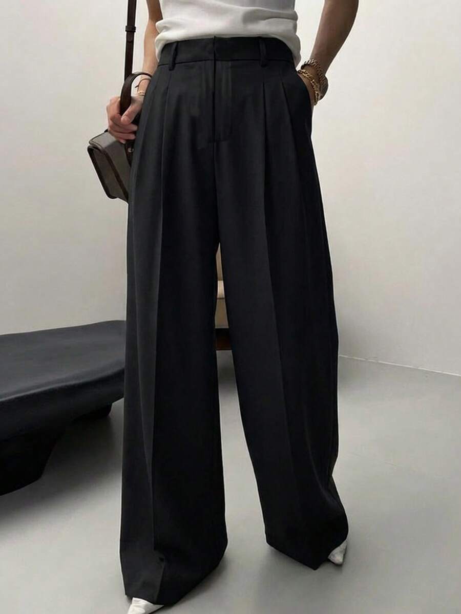 Women's Solid Black Casual Business Elegant Straight Leg Pants With Pocket, Suitable For Daily Wear, Office Commute, Zipper Trousers For Office Lady - Black - View 1