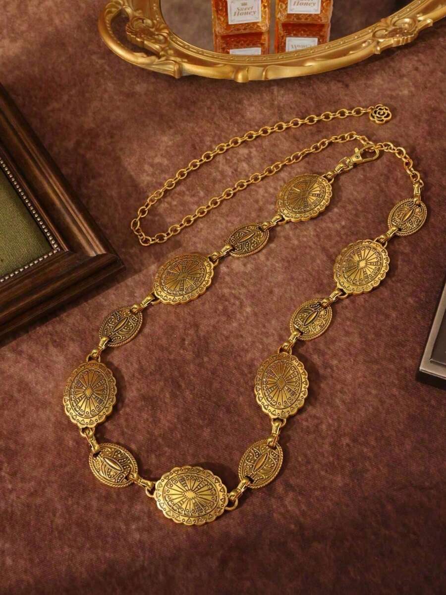 1pc Vintage Fashion Bohemian Metal Floral Pattern Distressed Flower Disc Waist Chain, Suitable For Women's Daily Wear And Party, Festival Style - Yellow Gold - View 1