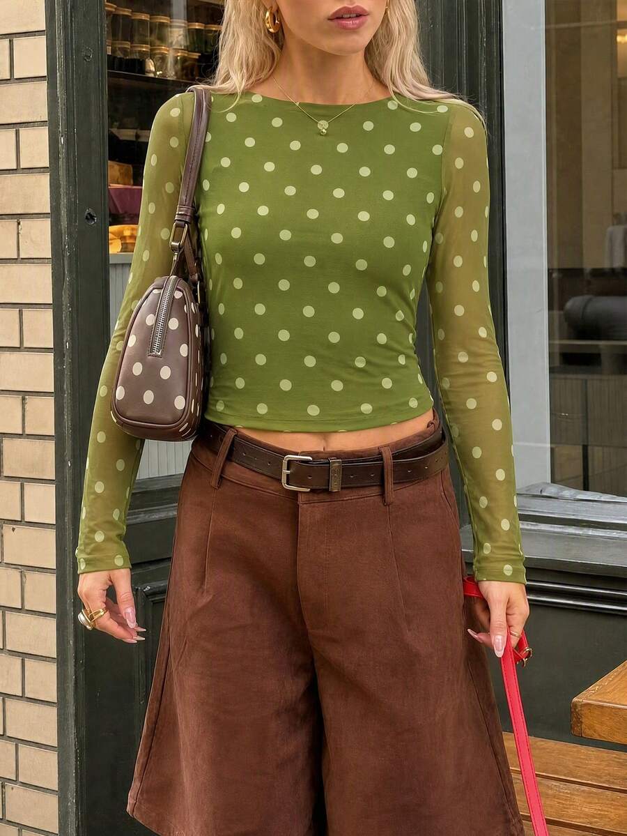 Women Green Polka Dot Slim Long Sleeve Top Cowl Neck Soft Tee Fall Back To School Inner - Green - View 1