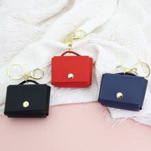 1pc PU Leather Earphone Case Protective Cover Small Square Coin Purse Keychain Pendant Car Key Bag Portable - Multicolor - View 2