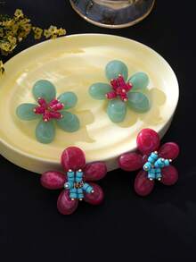 1 Pair Contrast Color Rice Bead Bubble Flower Stud Earrings, Vintage Niche Exaggerated Vacation Style Ear Jewelry - Bubble Flower Earrings - View 3