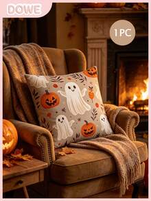1pcFall Halloween Throw Pillow Cover, Pumpkin Ghost Bat Decorative Pillow Case, Autumn Harvest Holiday Cushion Cover For Sofa Couch Bedroom Home Halloween Party Decor, No Pillow Insert - Multicolor - View 1