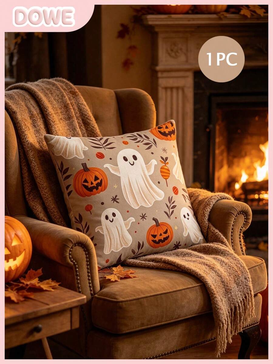 1pcFall Halloween Throw Pillow Cover, Pumpkin Ghost Bat Decorative Pillow Case, Autumn Harvest Holiday Cushion Cover For Sofa Couch Bedroom Home Halloween Party Decor, No Pillow Insert - Multicolor - View 1