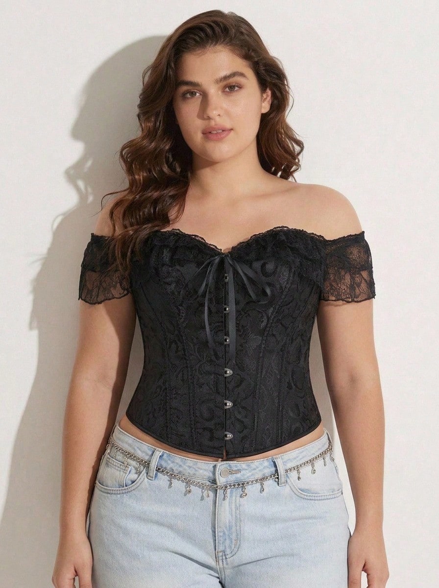 Rosiemei 1pc Plus Size Women's Vintage Palace Style Lace-Up Off Shoulder Backless Corset Top, Cinched Waist, Suitable For Wedding, Formal Occasion - Black - View 1