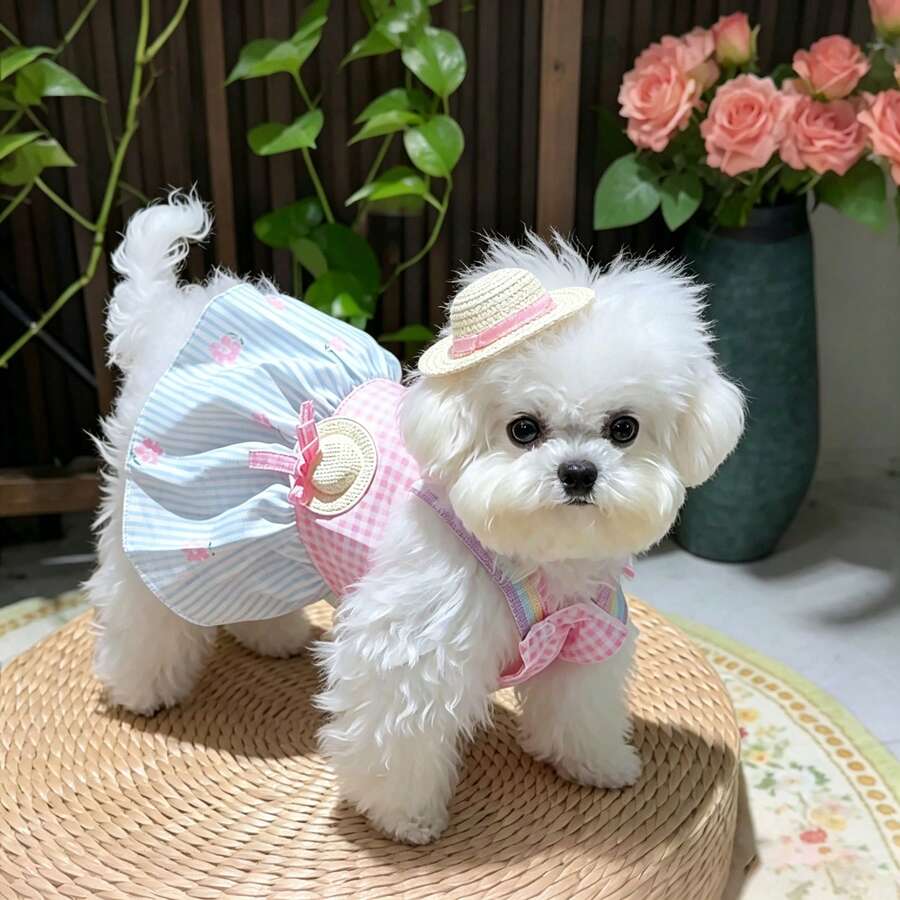 1pc Sweetheart Pet Camisole Dress, Suitable For Small And Medium Dogs And Cats, Lightweight Outfit With D-Ring For Leash Attachment; Featuring Plaid Patchwork Floral Pattern Skirt With Mini Straw Hat Decoration, Perfect For Park Walks, Photo Shoots And Daily Wear - Blue - View 1