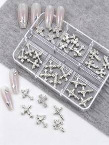 30pcs/6-Grid European Court Style 3D Alloy Cross Nail Art Charms, Assorted Glitter Cross Nail Decorations, Versatile Metal DIY Nail Supplies - Multicolor - View 8