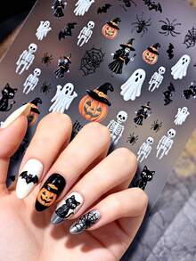 Halloween 3D Embossed Nail Stickers, Pumpkin Ghost Skeleton Witch Bat Spider Web Adhesive Nail Decals, DIY Nail Art Accessories - Multicolor - View 2