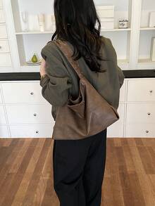Women Hobo Bag Plain PU Leather Eyelet Rivet Detail Soft Shoulder Strap Large Capacity Casual Vintage Daily Shoulder Bag - Coffee - View 3