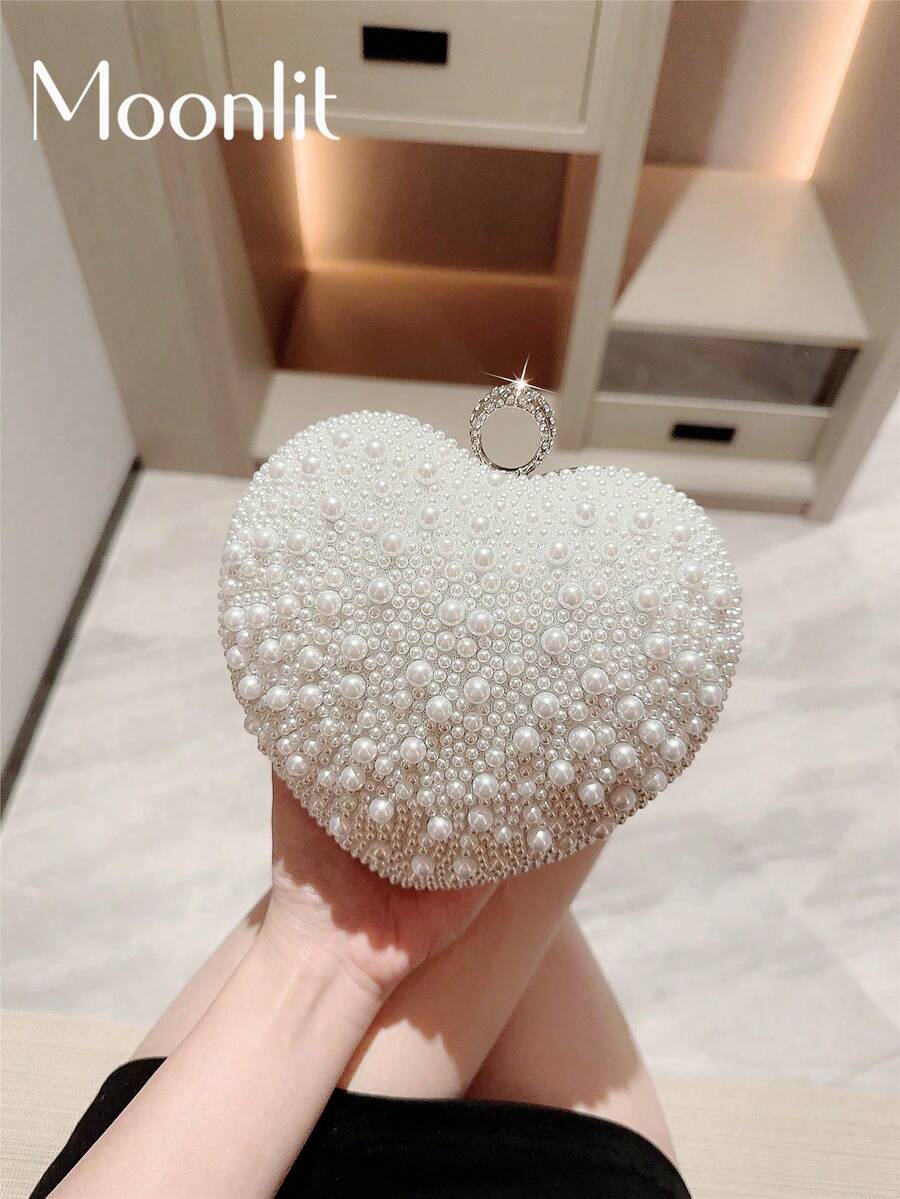 Moonlit EveBag 1 件时尚人造珍珠心形晚装手拿包，奢华浪漫婚礼派对包，情人节礼物，正式派对钱包，舞会和鸡尾酒礼服包，带链带情人节新娘包，心形钱包，与情人节礼服完美搭配