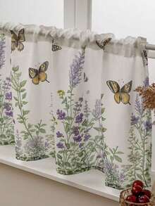 1pc Pastoral Style Butterfly & Floral Print Cafe Short Curtain, Decorative Window Valance For Kitchen, Bedroom - Multicolor - View 1