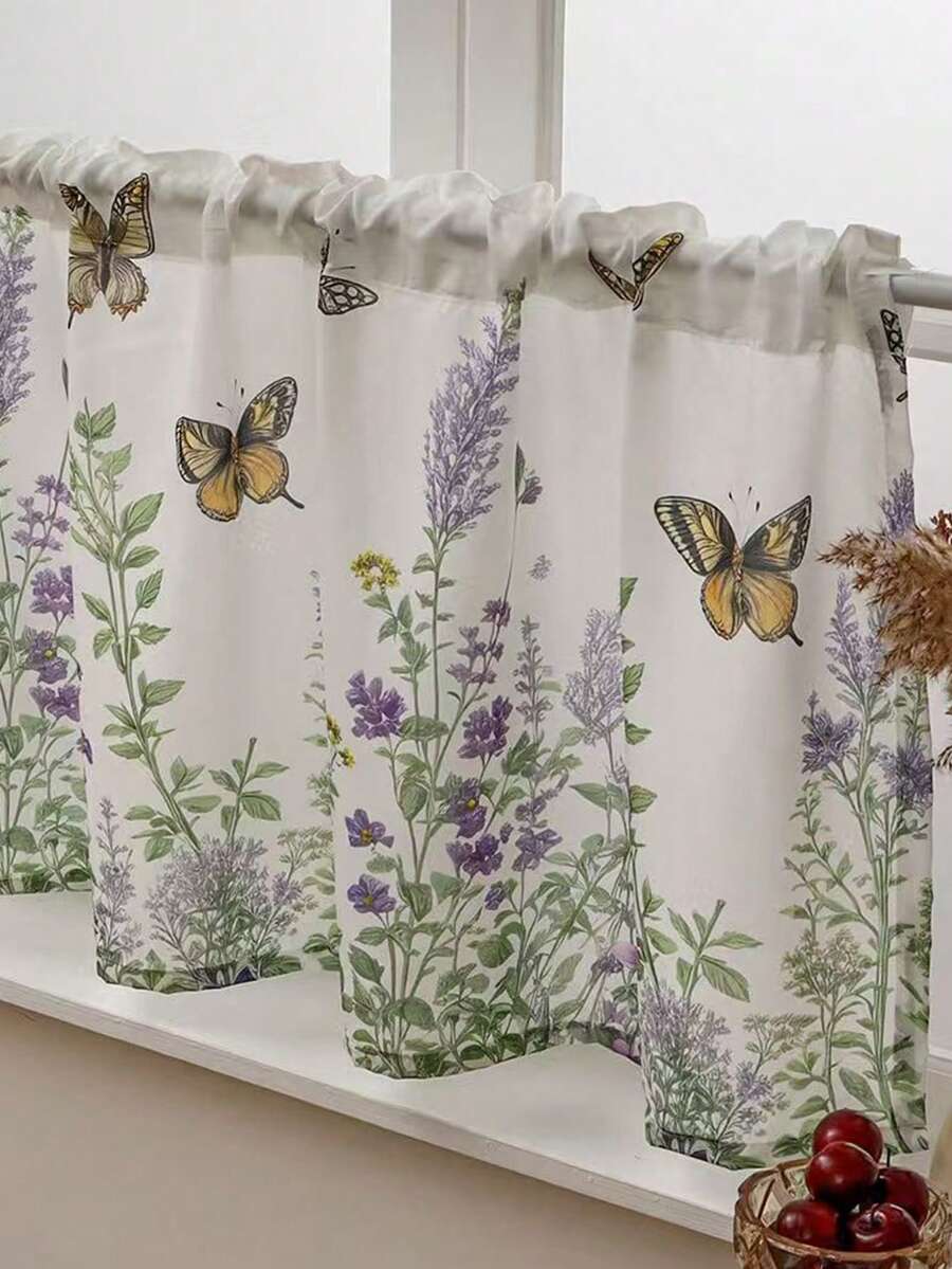 1pc Pastoral Style Butterfly & Floral Print Cafe Short Curtain, Decorative Window Valance For Kitchen, Bedroom - Multicolor - View 1