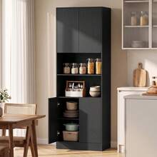 HOMCOM Buffet Haut Cuisine, Armoire de Cuisine, Vaisselier, 4 Portes à Fermeture Douce, 2 Compartiments Ouverts et Étagères Réglables, Meuble de Rangement pour Salon, Salle à Manger, 60x30x170cm, Noir - Noir - Voir 5
